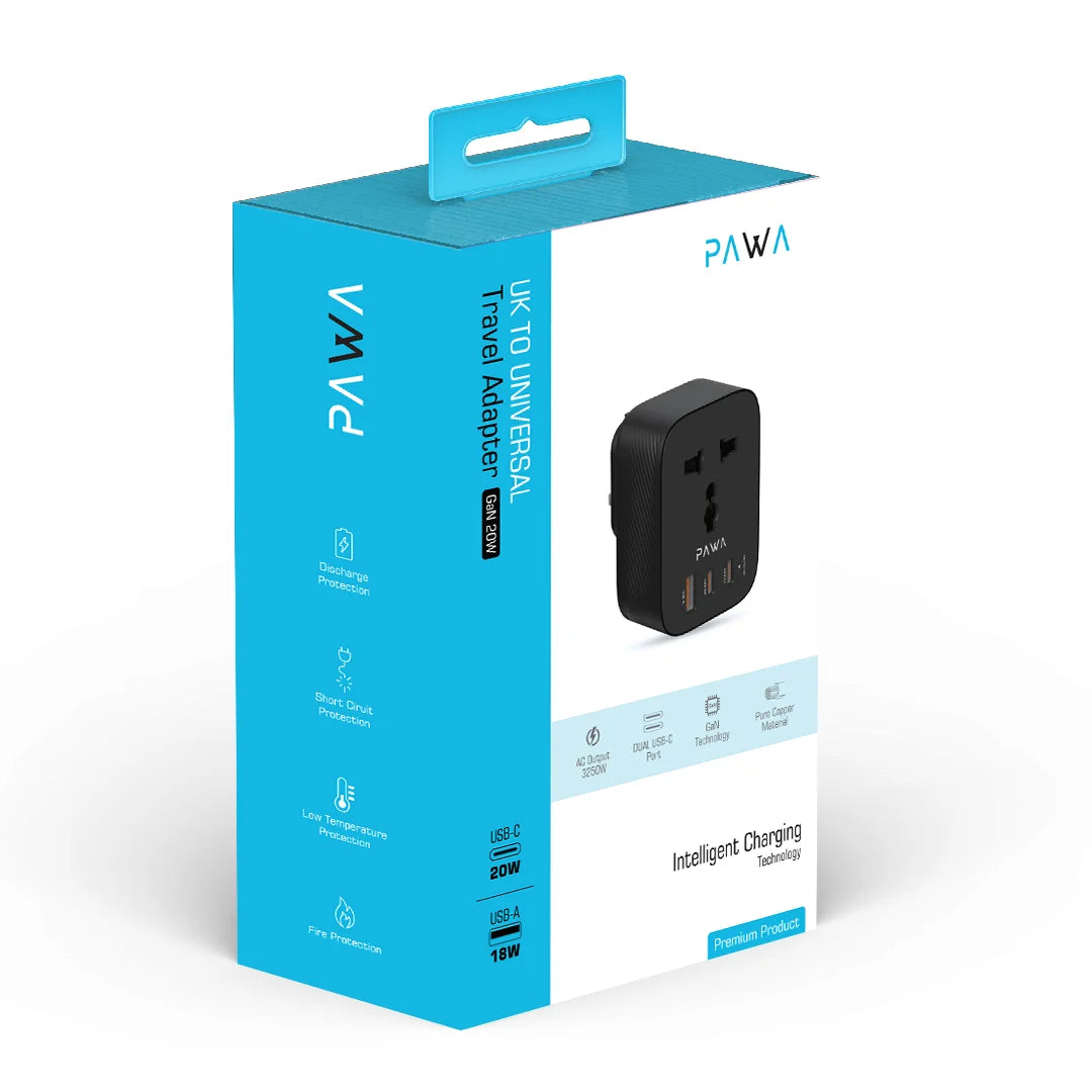 Pawa UK to UNIVERSAL Travel Adapter GAN 20W.(PW-UTAGN204-BK) Pawa UK to UNIVERSAL Travel Adapter GAN 20W.(PW-UTAGN204-BK)